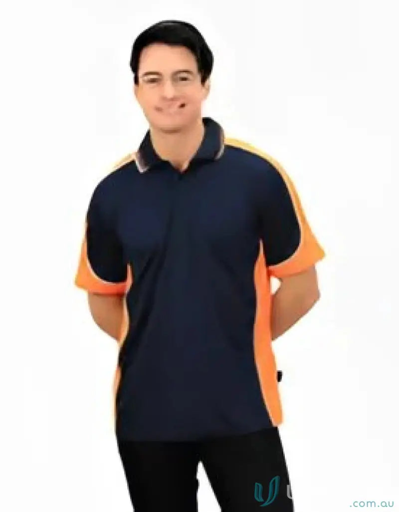 Navy and orange Auburn Polo with sewn-on pocket, moisture management, digital transfer