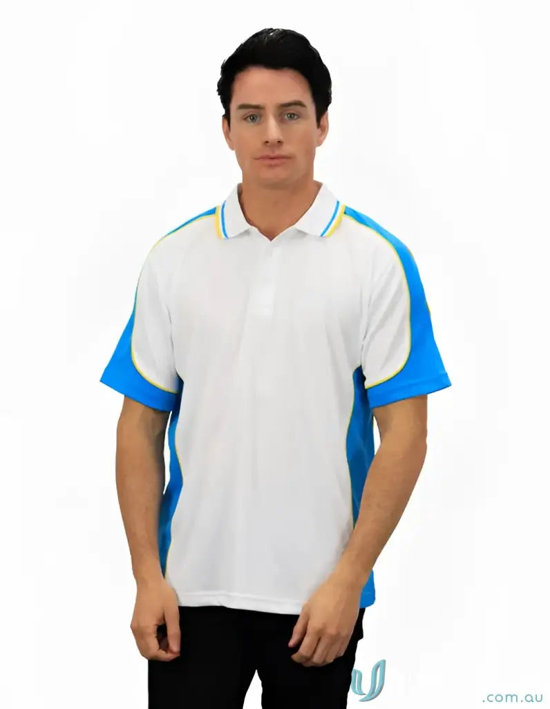 Man wearing Auburn Polo White Colourways with sewn-on pocket and moisture management