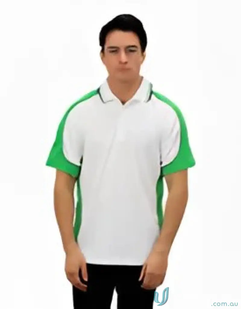White and green Auburn Polo with sewn-on pocket and moisture management features