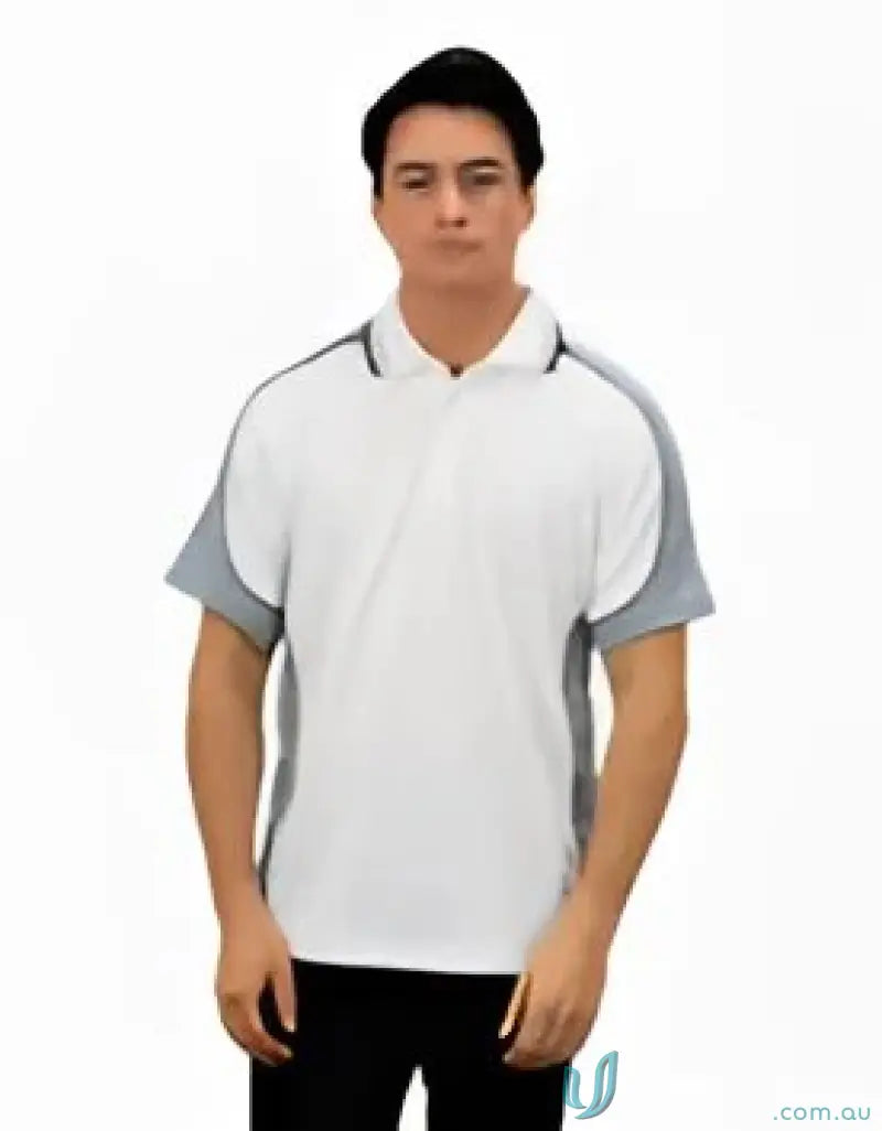 White and gray Auburn Polo with sewn-on pocket, moisture management, digital transfer