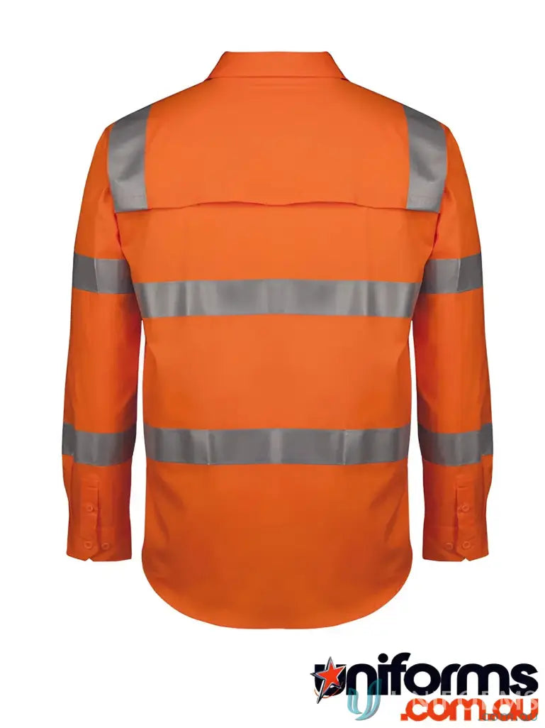 Orange long-sleeved AUST Rail Work Shirt with reflective tape and curved hem