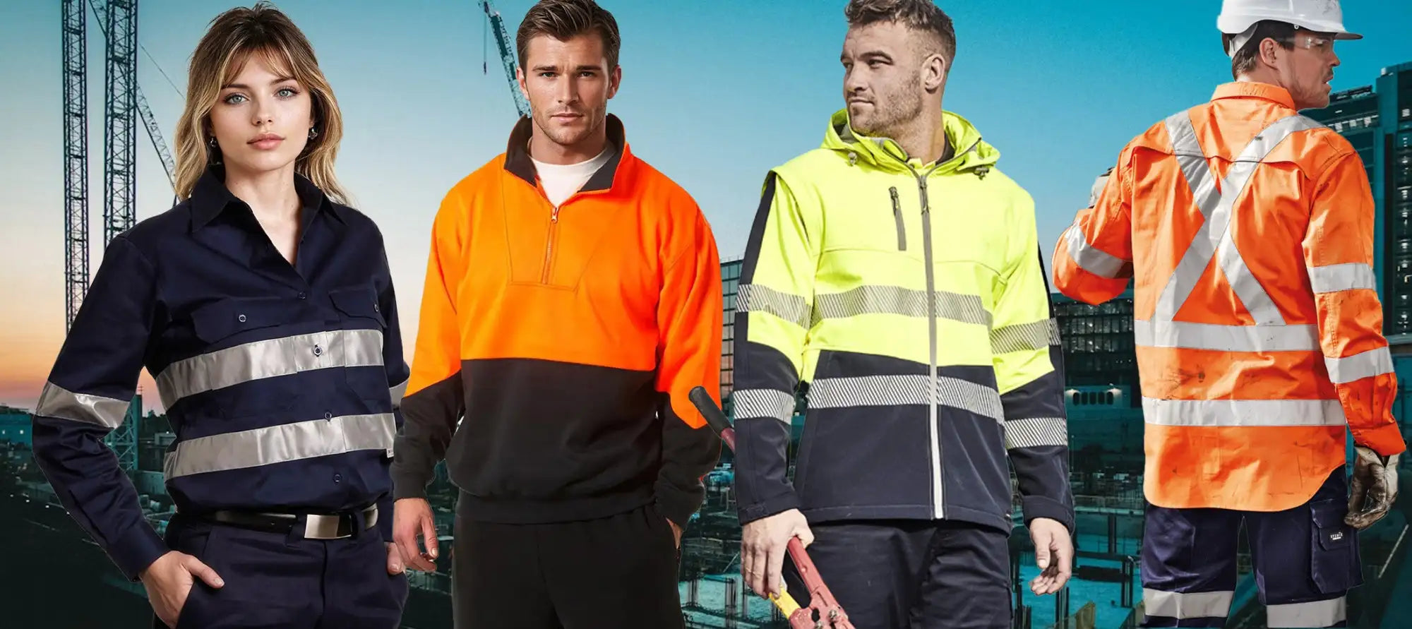 Four individuals wearing different types of high-visibility workwear with a construction site background.