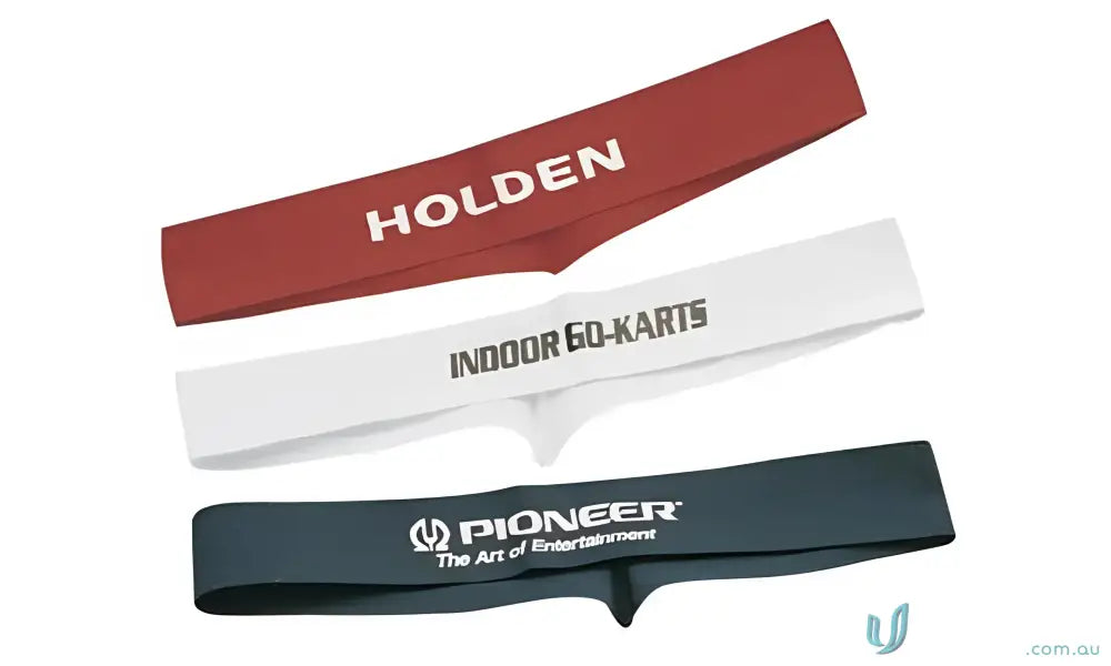 Three custom-printed elastic headbands for Australian Made Fitted Hat Band products