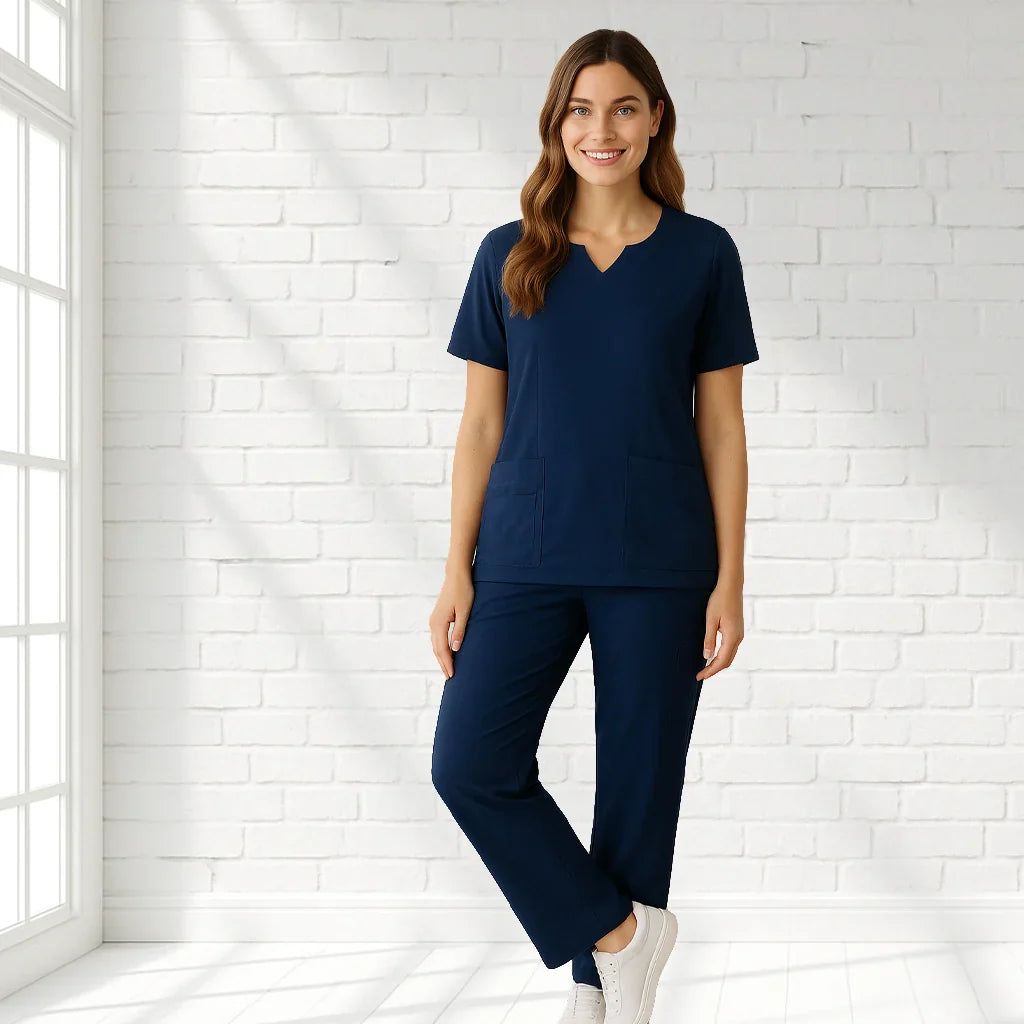 Bizcare Avery straight leg scrub pant with navy v-neck top