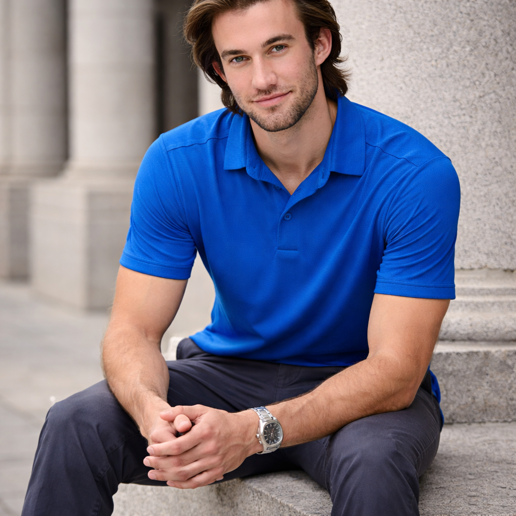 Vibrant blue bamboo charcoal ps87 corporate polo shirt front view
