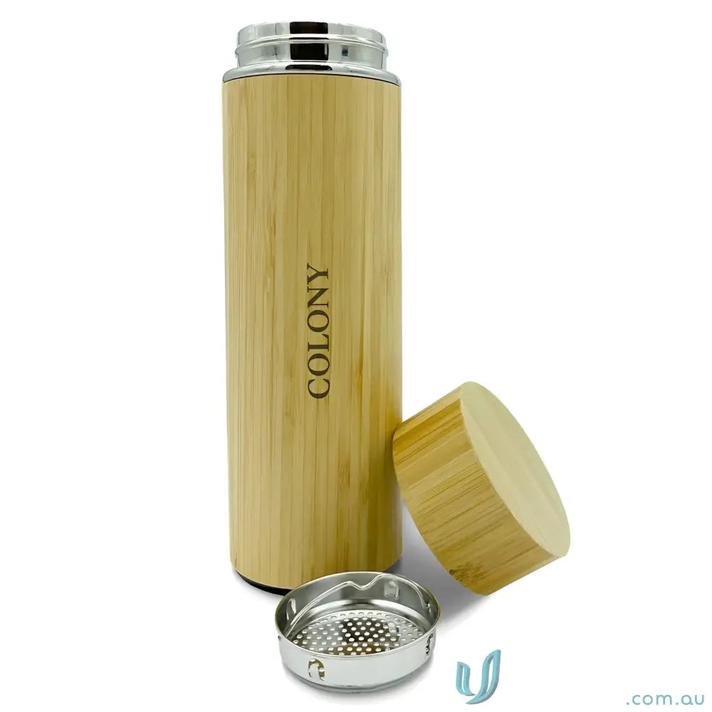 Bambu Eco 400ml stainless steel bottle with bamboo cover and two-piece tea strainer kit
