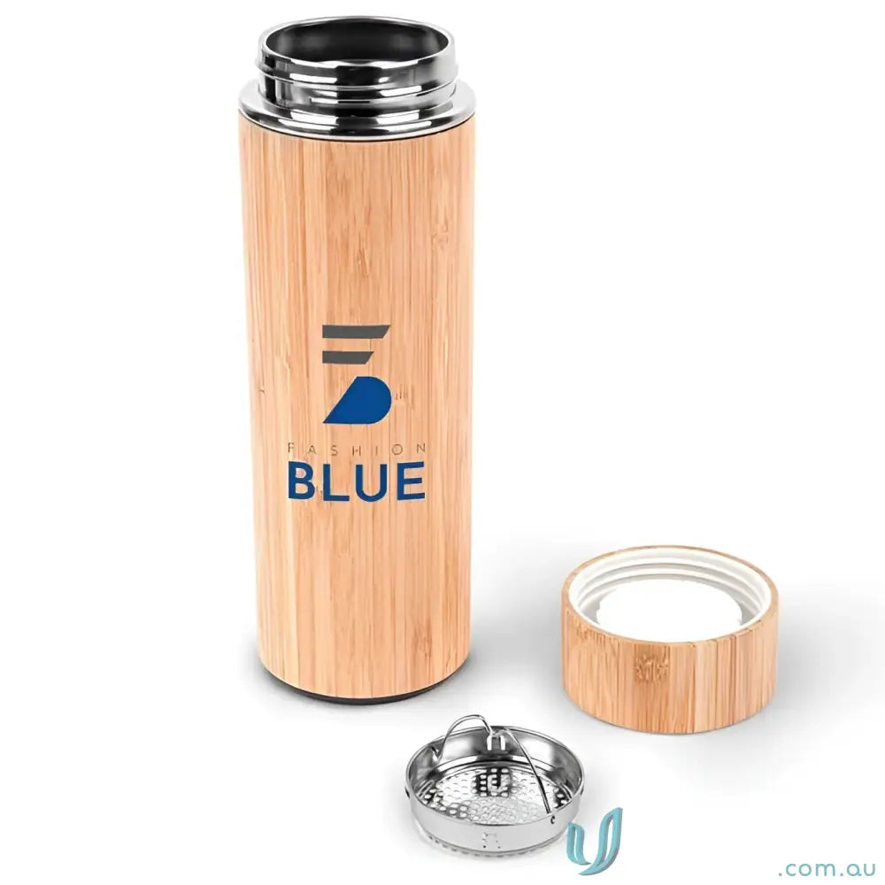 Bambu Eco 400ml bottle with bamboo body, stainless steel two-piece tea strainer kit