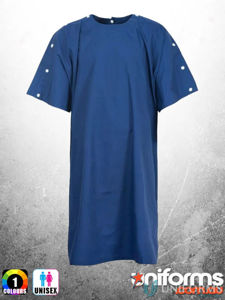 Blue bariatric gown with shoulder studs and professional appearance