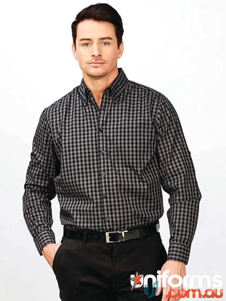 Man wearing Barrett Long Sleeve Shirt in checkered button-down style