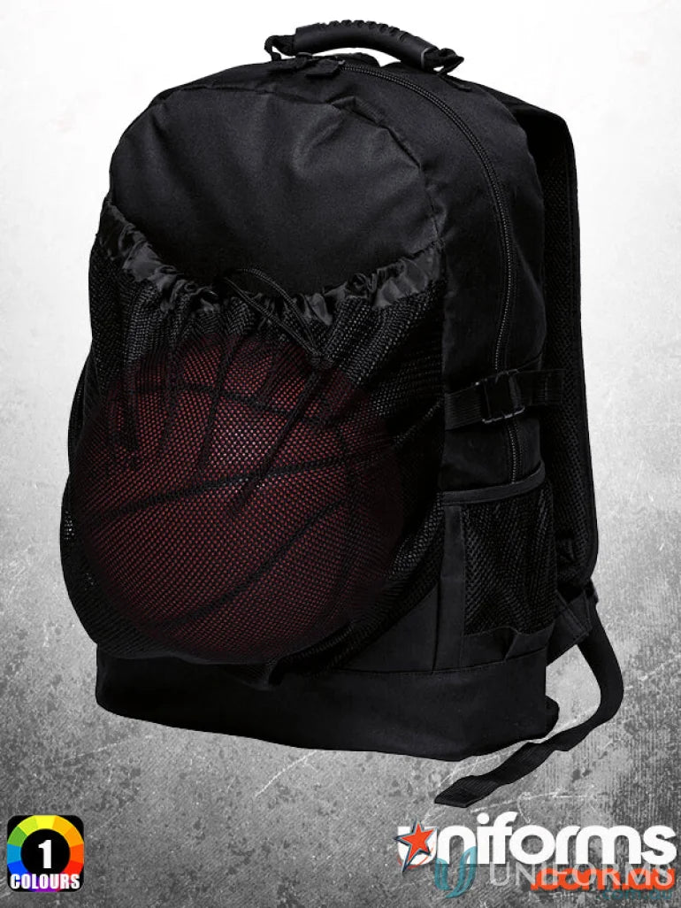 Black sports backpack with mesh ball pocket for heavy duty bag orders from Basket Backpack