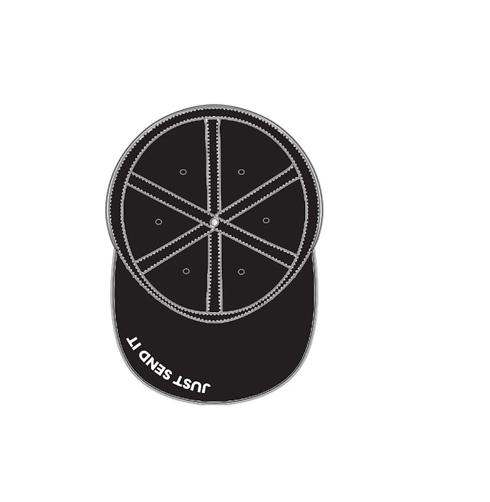Black baseball cap with six panels and a curved brim.