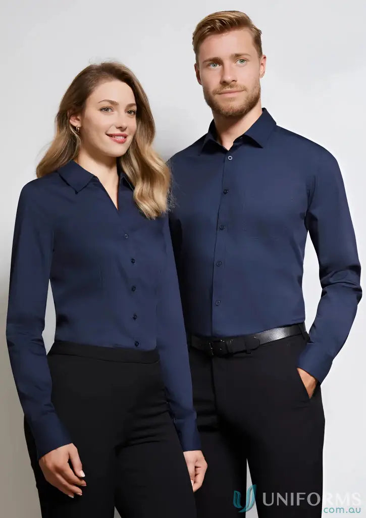 Two people wearing matching navy blue Bentleigh LS Shirts from Biz Collection Monaco with modern narrow collar