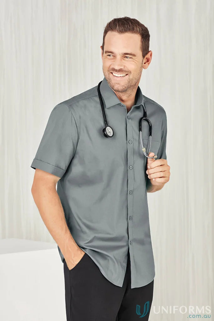 Smiling doctor in Bentleigh SS Shirt with modern narrow collar, perfect for Monaco short shirt offers