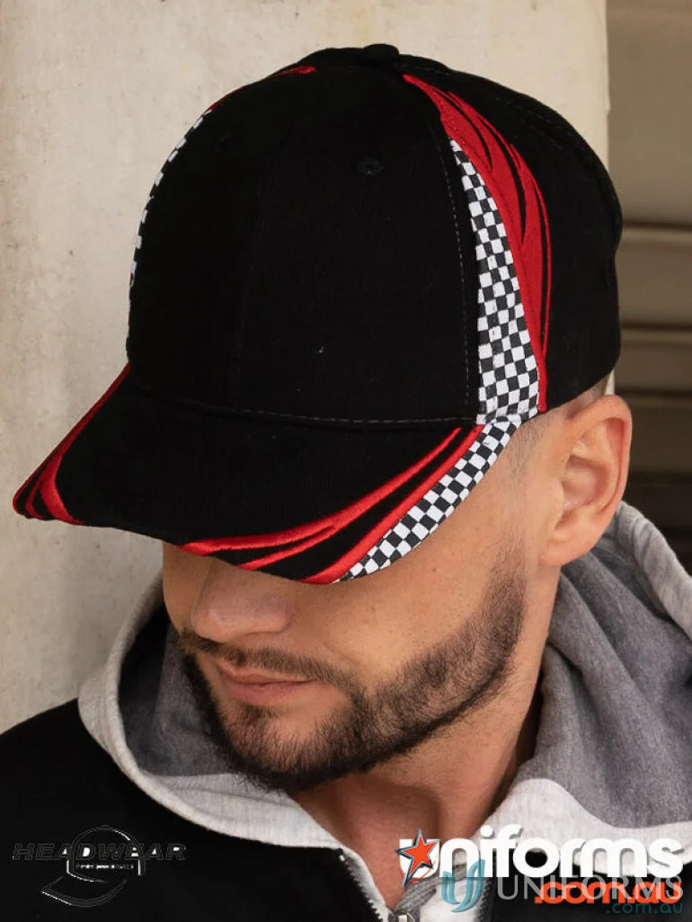 Black baseball cap with red embroidery and black and white checks, BHC Embroidery Printed