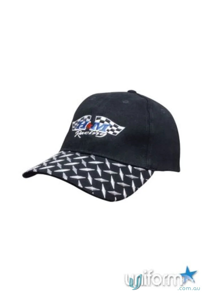 Black baseball cap with checker plate pattern and SMV Racing logo, perfect workwear style