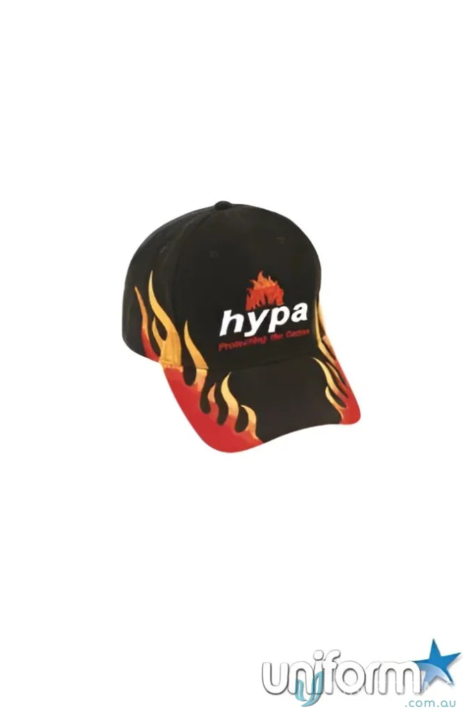Black baseball cap with double flame design, perfect for uniforms and workwear style