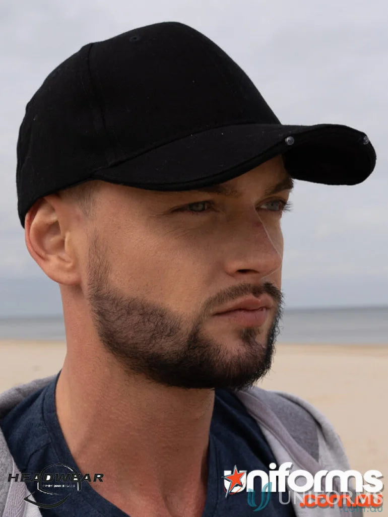 Black baseball cap with LED lights and metal eyelets, perfect for workwear and uniforms