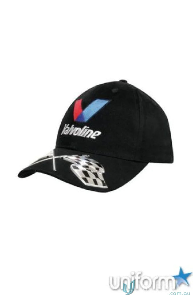 Black baseball cap with Valvoline logo and liquid metal flags checkered brim
