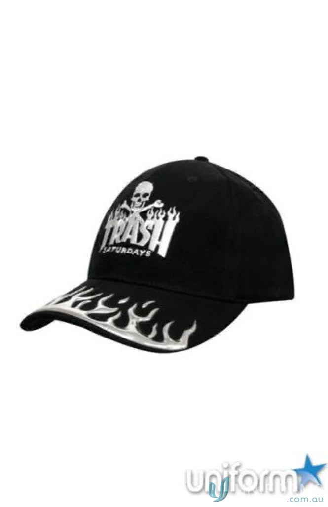 Black baseball cap with liquid metal flame design, skull graphic, and TRASH SATURDAYS text