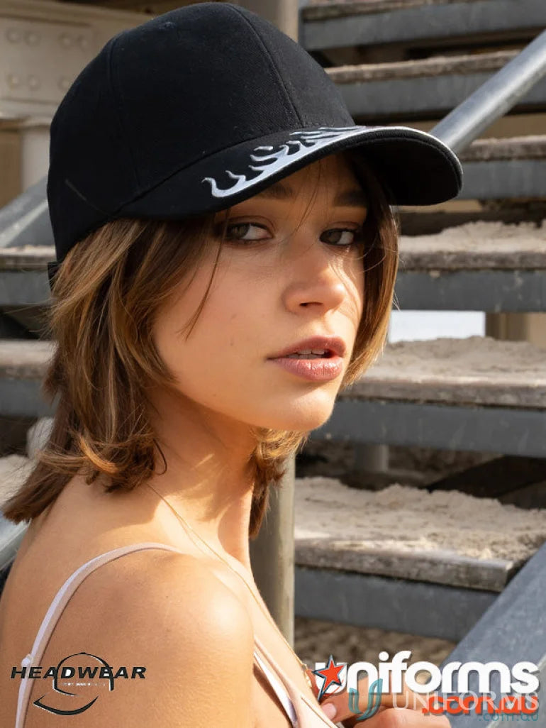 Black baseball cap with white liquid metal flame embroidery on the brim