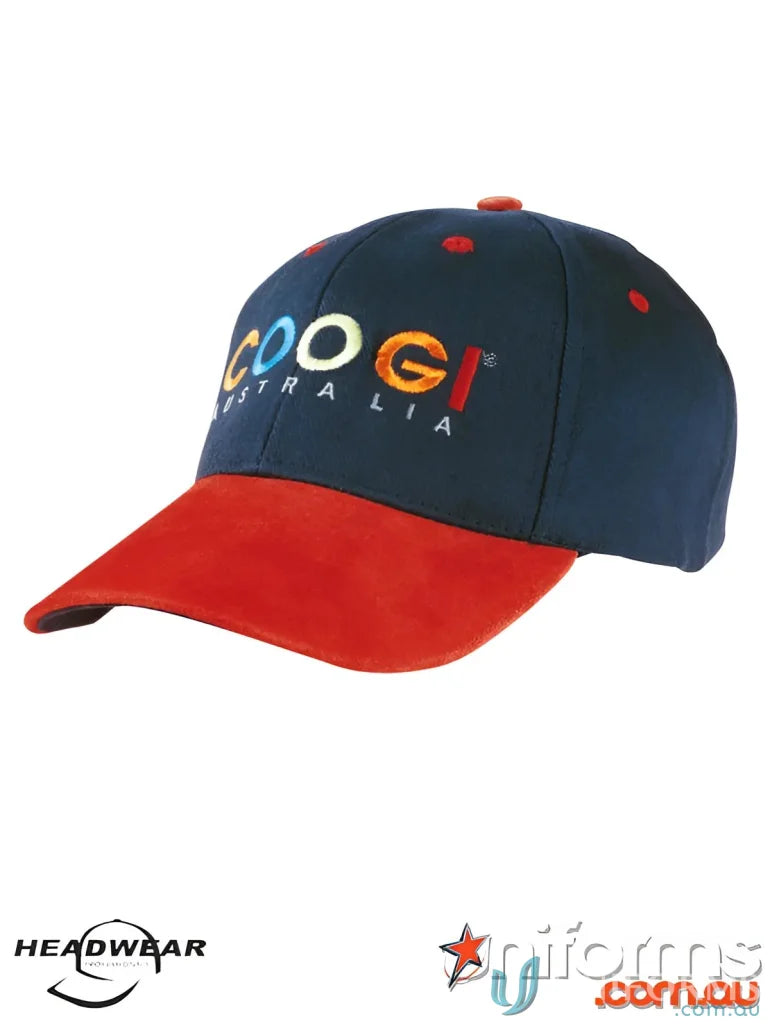 Navy and red baseball cap from BHC with Suede Peak, perfect for work uniforms or casual uniforms