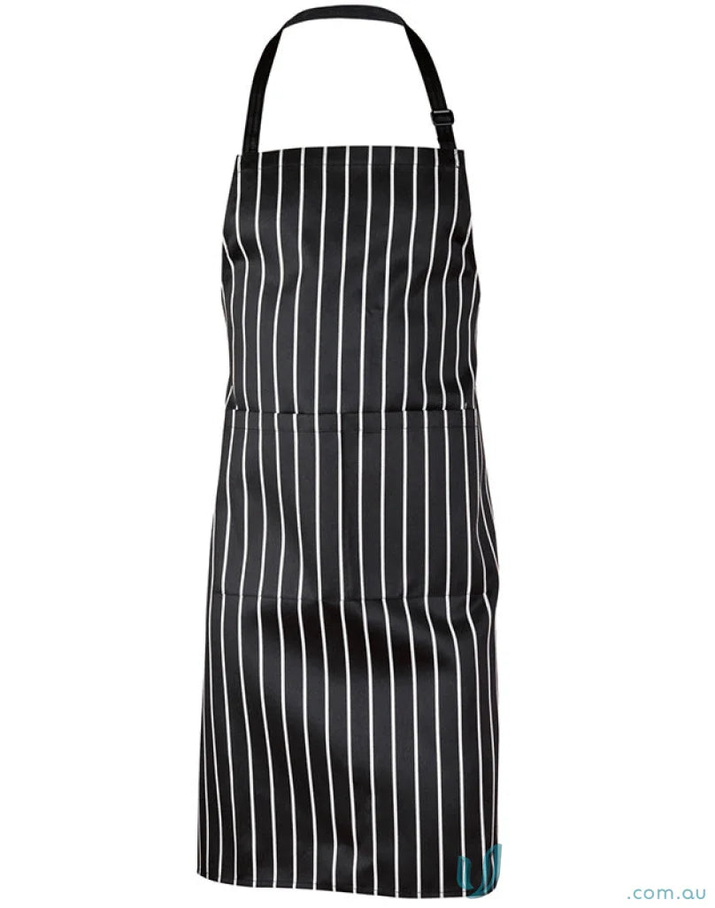 Black and white pinstriped stripe apron with adjustable neck strap and front pocket