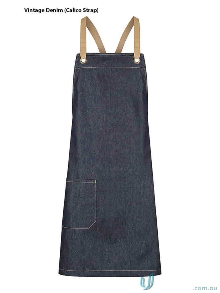 Billy Bib Apron in cotton denim with stylish calico straps and natural strap detail