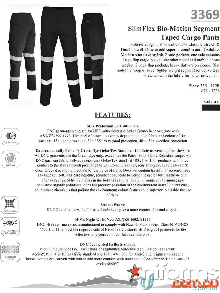 Black work pants with reflective stripes from Bio-Motion Segment Taped Cargo Pants for enhanced visibility
