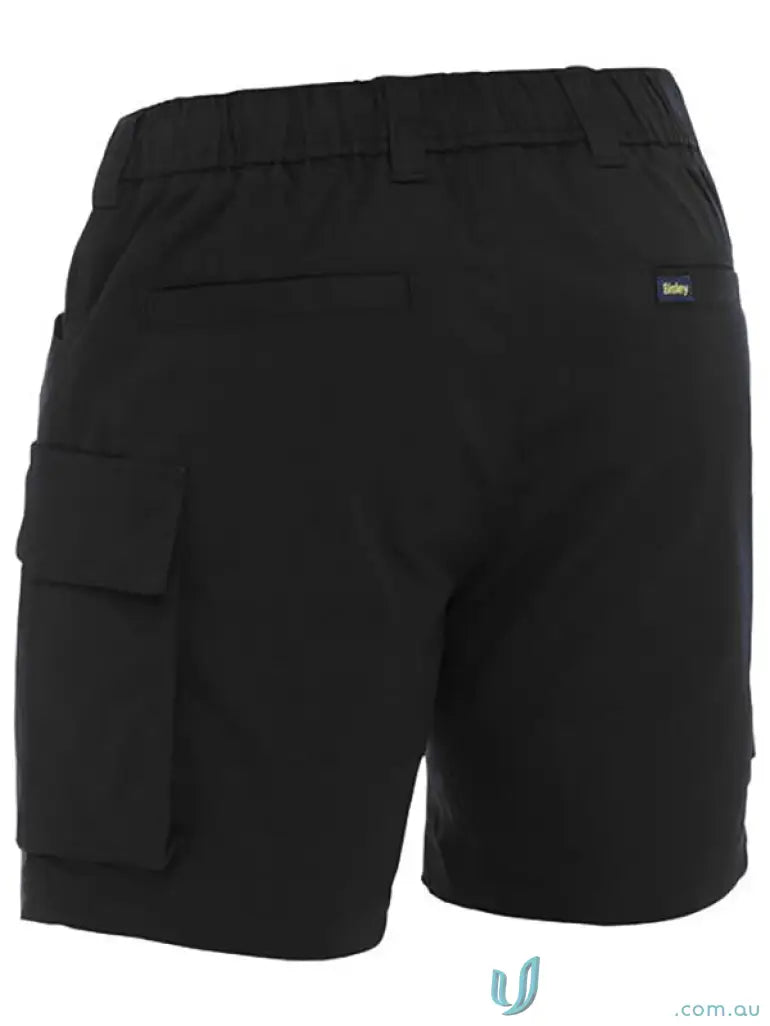 Black Bisley stretch cotton elastic waist cargo shorts for a comfy casual look