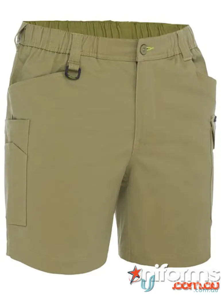 Khaki cargo shorts with Bisley stretch cotton and elastic waist for a comfy fit