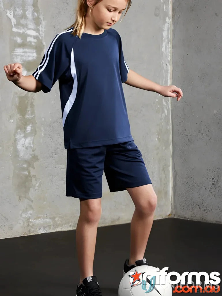 Kids stay comfortable in navy blue Biz Collection Kids Bizcool Shorts made of breathable polyester mesh