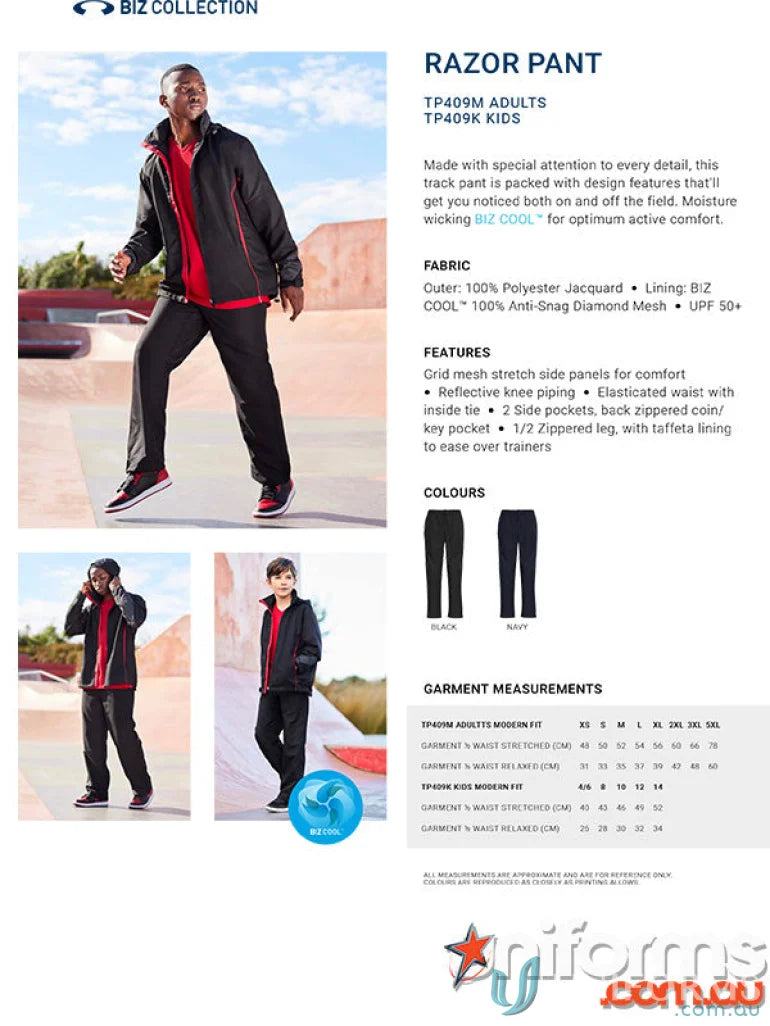 Razor pant tp409m from Biz Collection Unisex Razor Sports Pant collection for comfy style