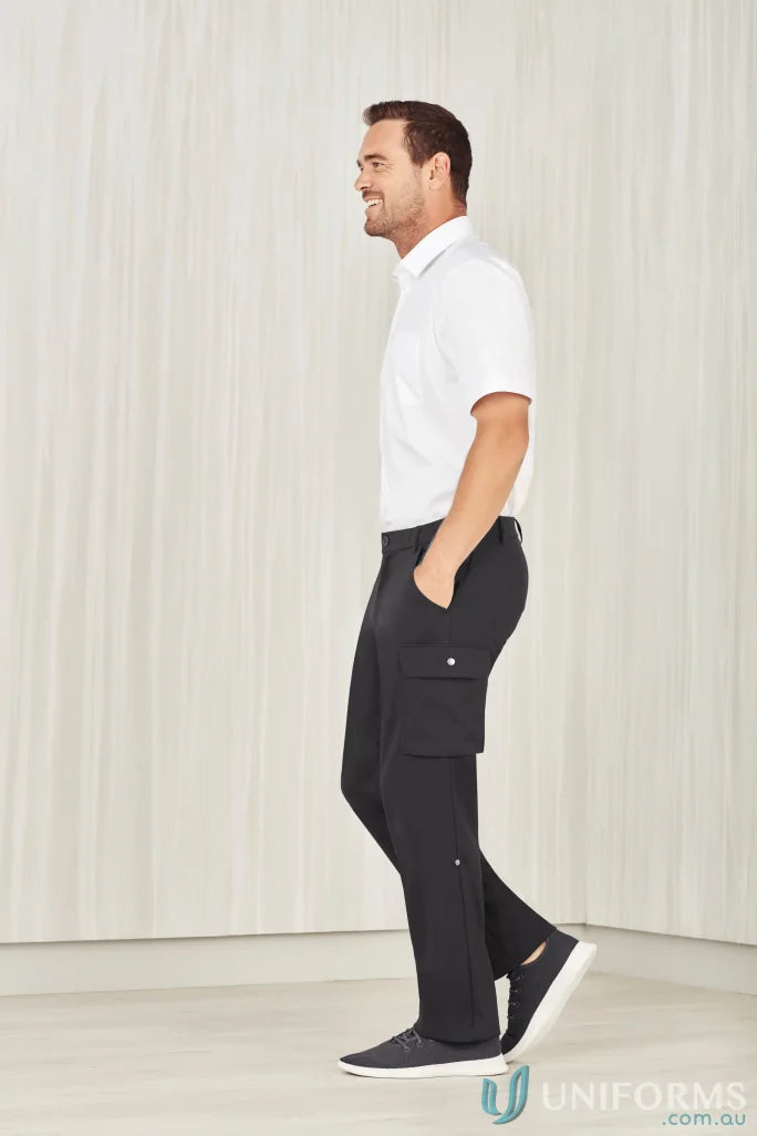 Men’s black comfort waist cargo pants with white polo shirt for healthcare workers