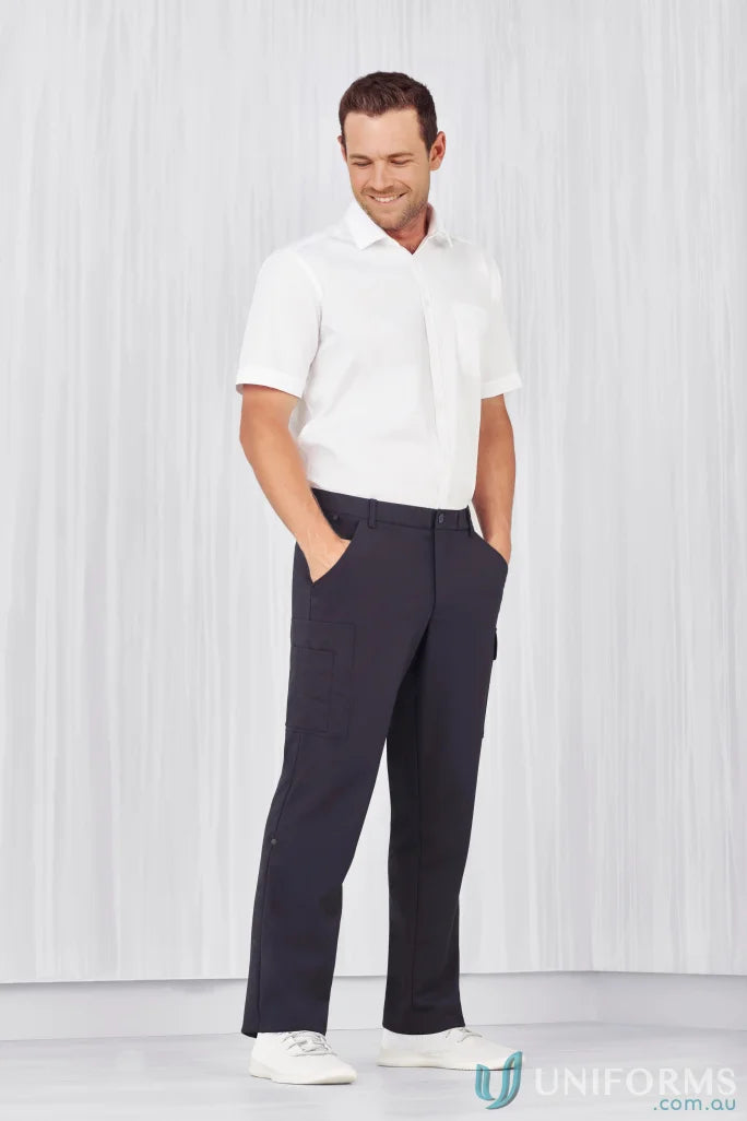 Men’s white polo shirt with comfort waist cargo pants for healthcare workers or aged care teams