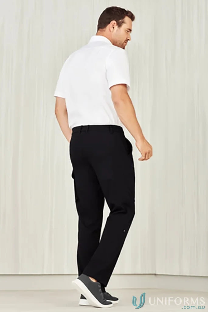 Men’s white polo shirt and black trousers with gray athletic shoes for comfort waist cargo style