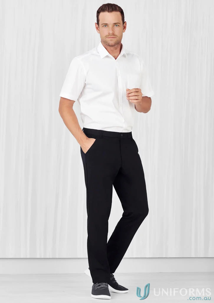 Men’s short-sleeved white polo with black trousers in Biz Comfort Waist Flat Front Pant style