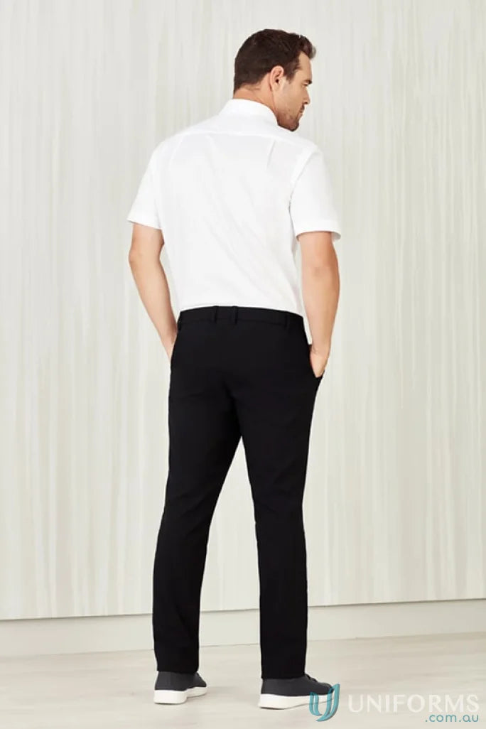 Men’s black trousers with white polo shirt from Biz Comfort Waist Flat Front Pant cl958ml