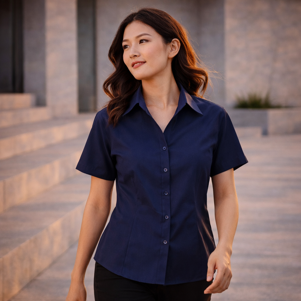 Navy blue Biz Ladies Oasis SS short sleeve shirt back view