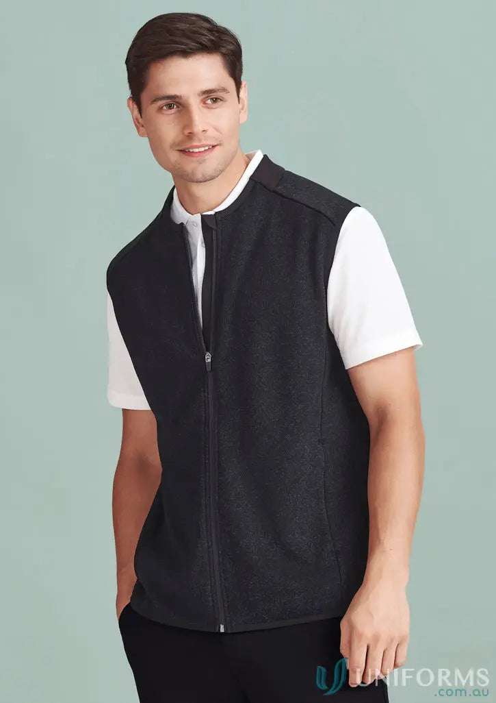 Men’s Nova black zip vest with white tee for modern style | Biz Mens Nova Zip Front Vest