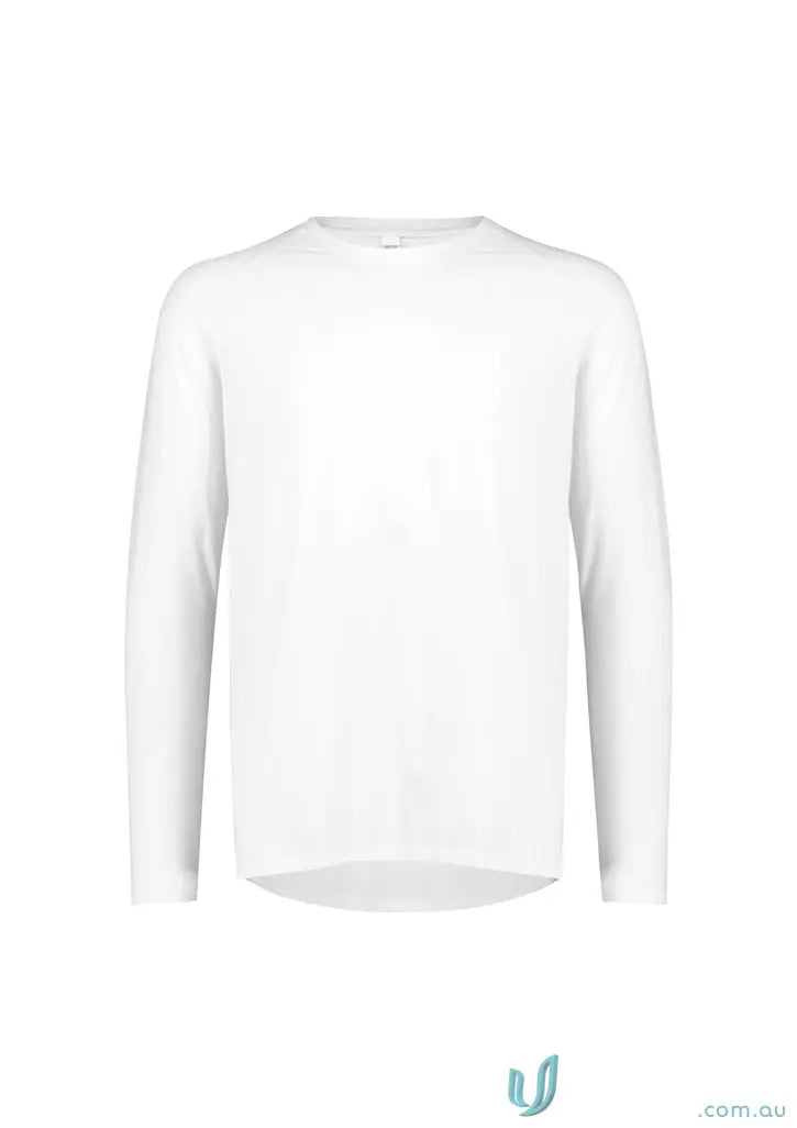 Plain white Biz Mens Performance LS Tee, the ultimate long sleeve workwear uniform