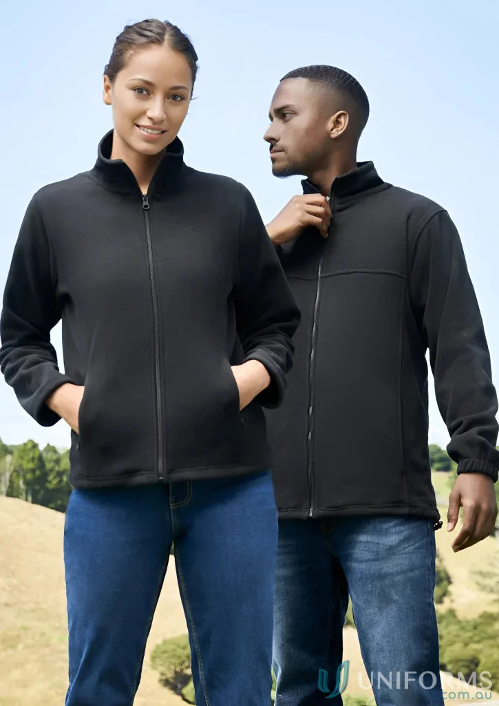 Two people in black Biz Polar Fleece Jacket PF630, showing off cozy micro fleece feel