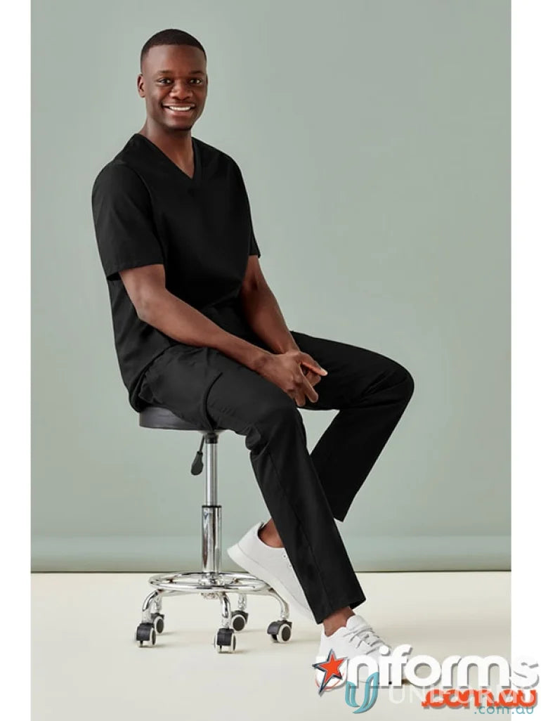 Black medical scrubs showing Biz Riley Straight Scrub Pant with straight leg scrub style