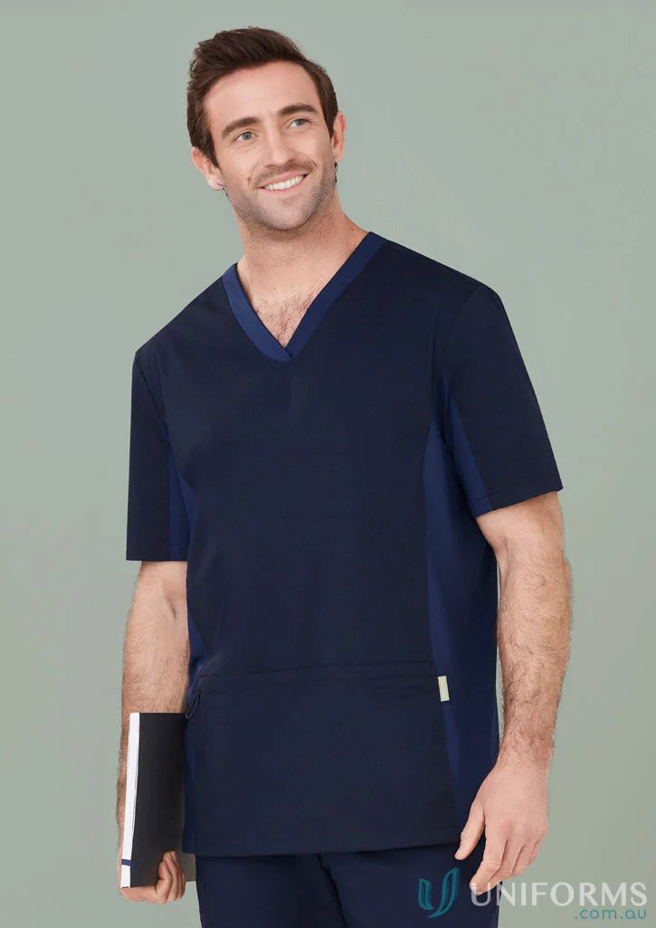Navy blue Biz Riley V-Neck Scrub Top with stretch panels from Riley Stretch Scrub line