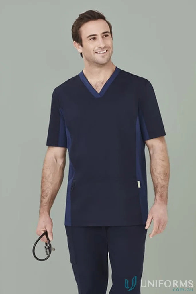 Navy blue Biz Riley V-Neck Scrub Top with stretch panels from Bizcare Men’s Riley line