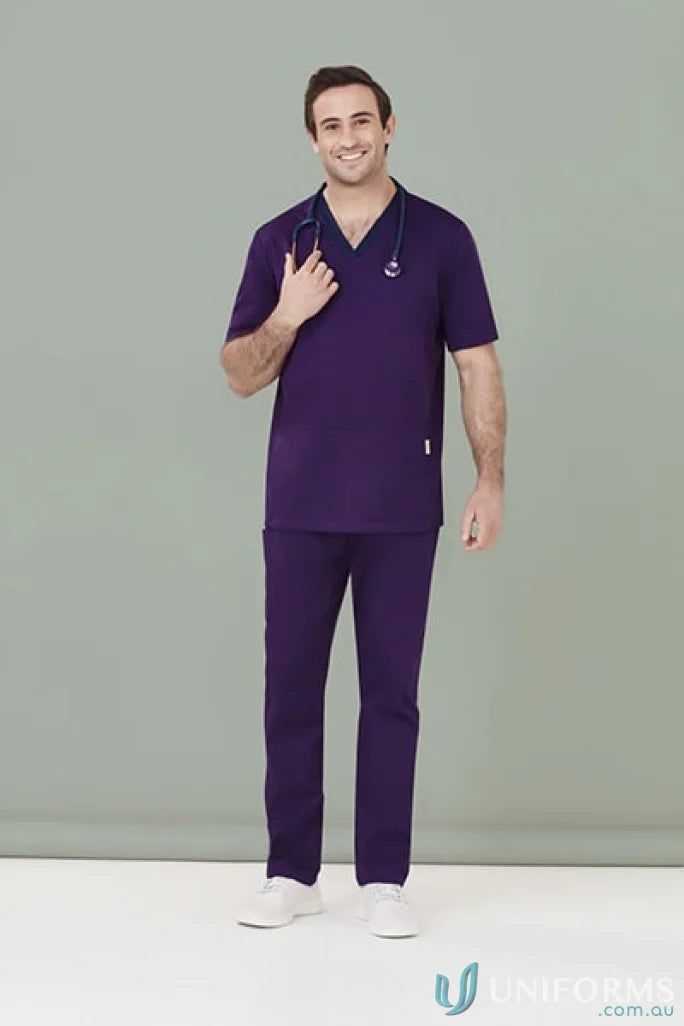 Purple Biz Riley V-Neck Scrub Top with stretch panels and stethoscope for men