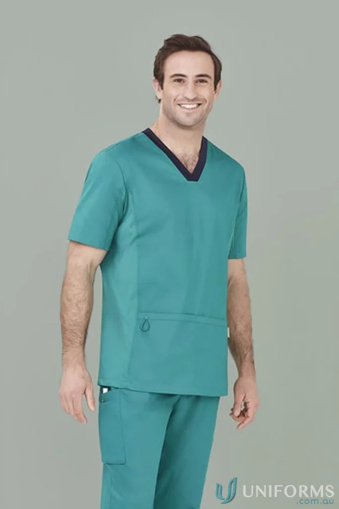 Teal Biz Riley V-Neck Scrub Top with stretch panels from Bizcare Men’s Riley line