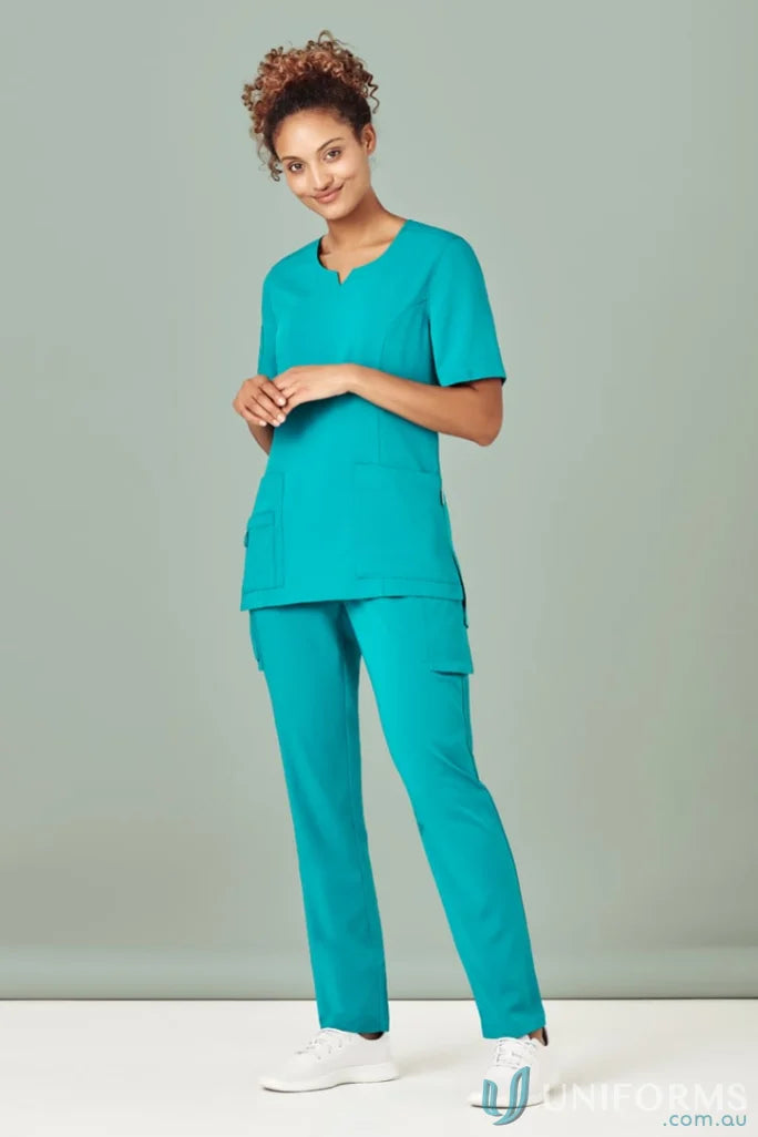 Teal Bizcare Avery Round Neck Scrub Top for women’s Avery Round medical uniforms