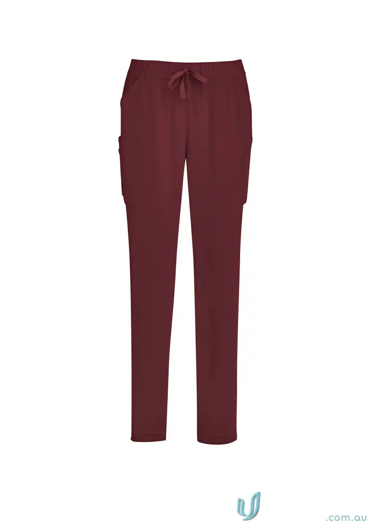Maroon drawstring cargo scrub pants featuring avery slim leg for comfortable fit