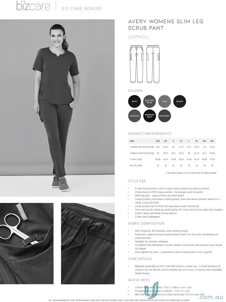 Avery slim leg scrub pants for women from Bizcare, comfy slim leg scrub pants
