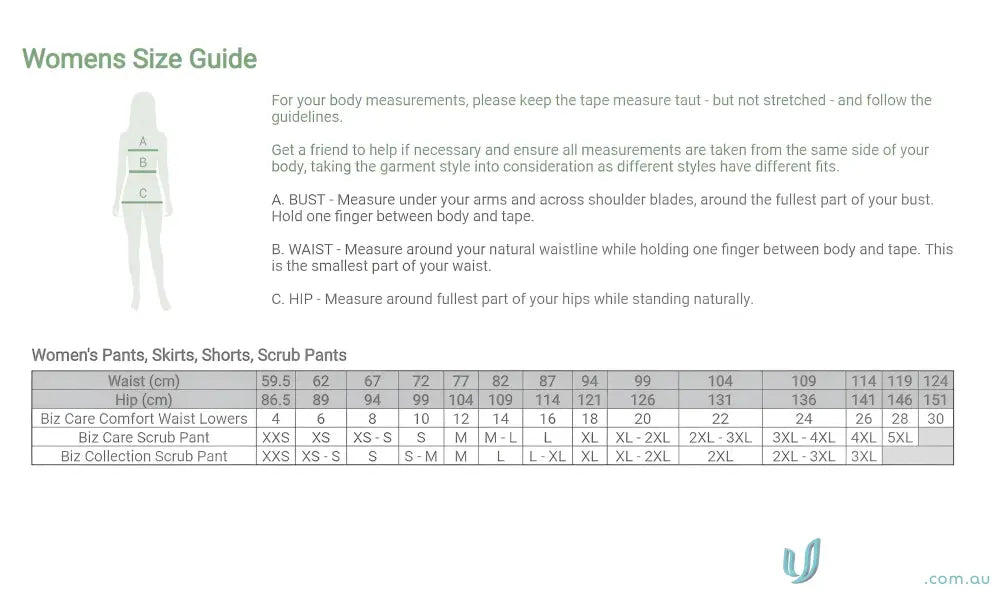 Women’s clothing size guide for Bizcare Avery Slim Leg Scrub Pant slim leg scrub pants